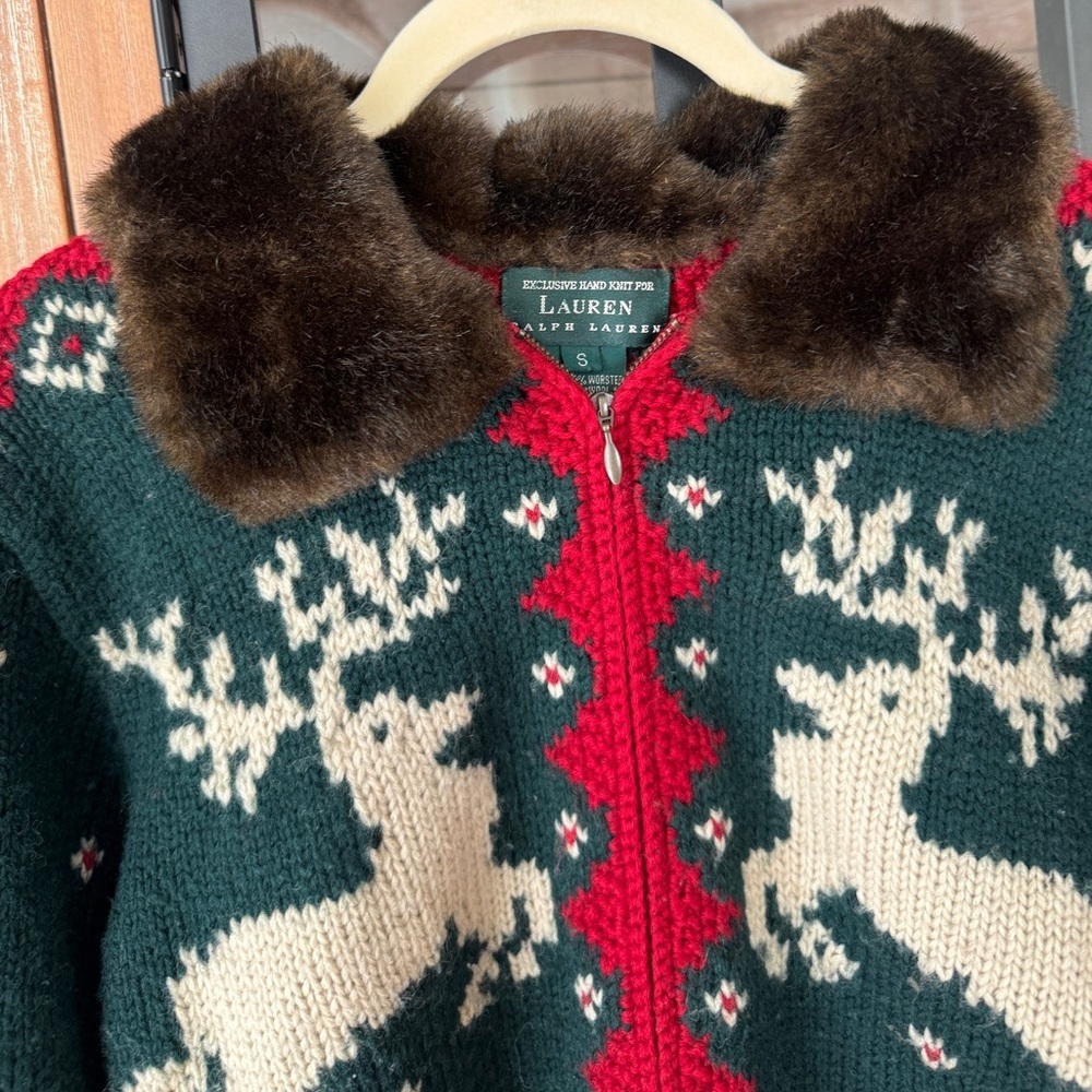 Vintage Ralph Lauren Hand Knit Wool Fur Collar Reindeer Christmas Sweater zipup - Picture 6 of 14